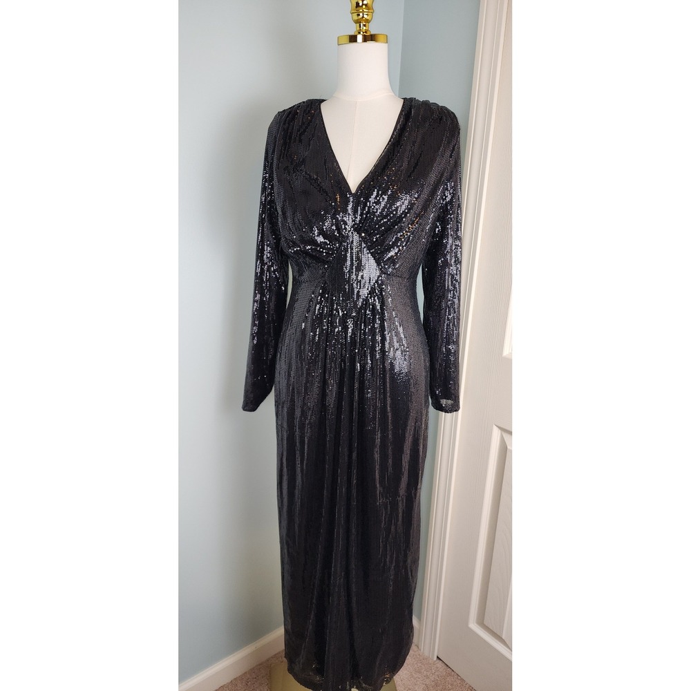Nanette Lepore Sequin Maxi Dress Womens 10 Black Long Sleeve V-Neck Gown